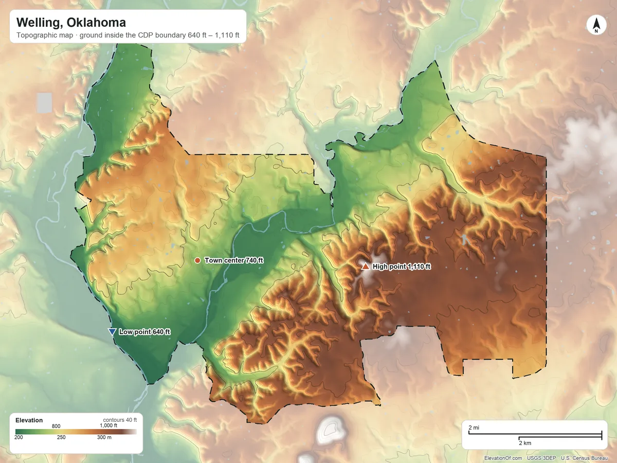 Topographic elevation map of Welling, Oklahoma, shaded from 640 ft on the southwest side to 1,110 ft on the east side