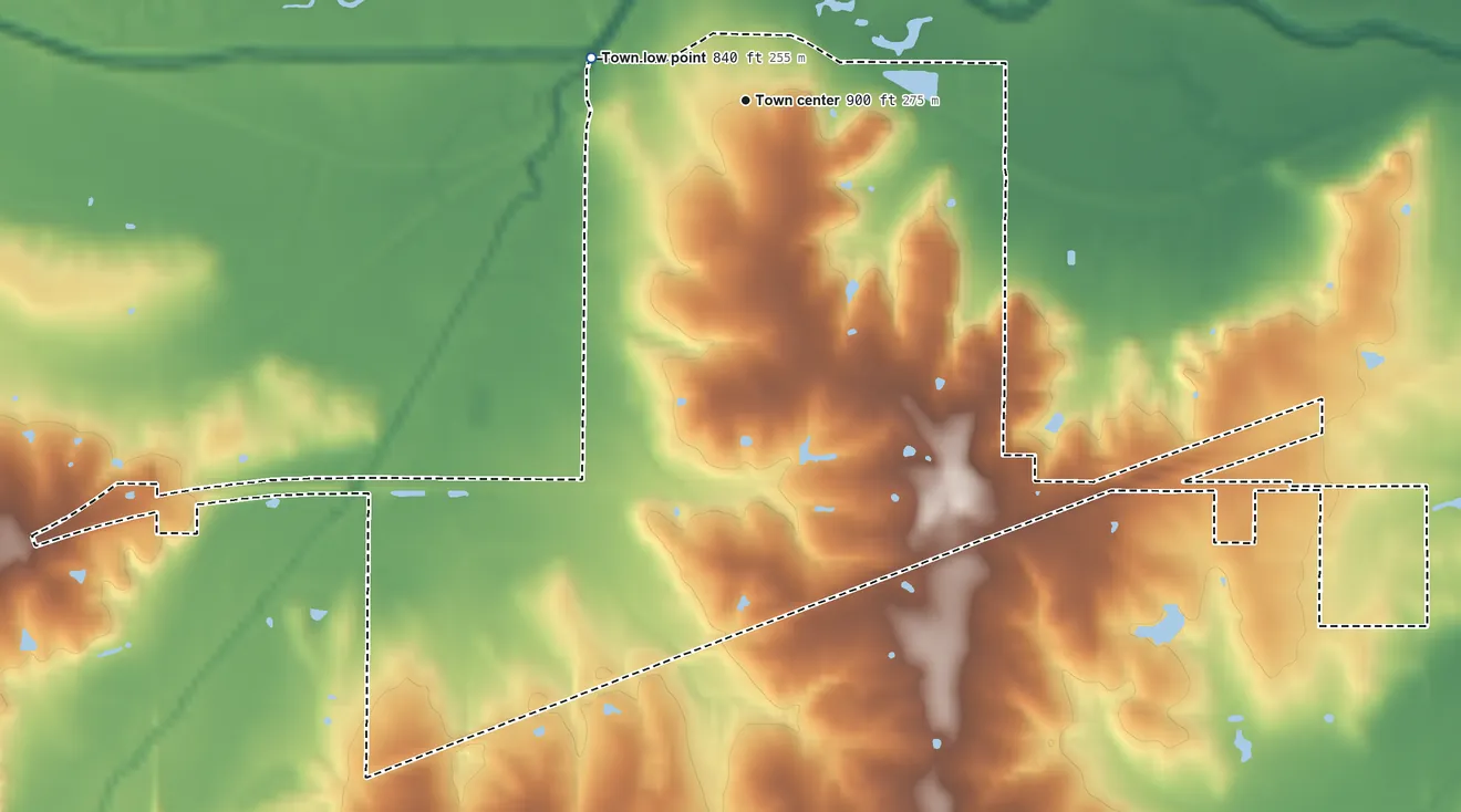 Topographic elevation map of Wellston, Oklahoma, shaded from 840 ft on the west side to 980 ft on the northwest side