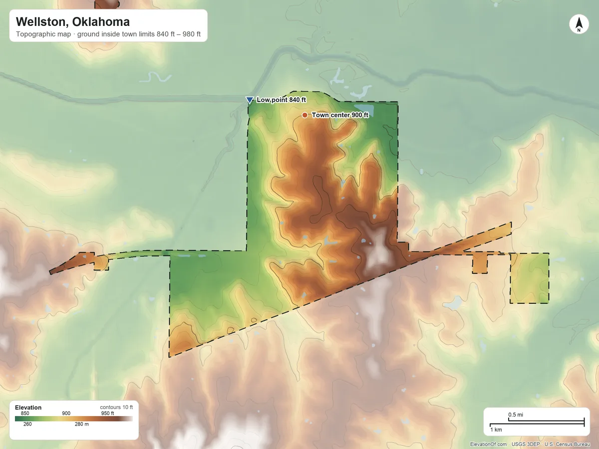 Topographic elevation map of Wellston, Oklahoma, shaded from 840 ft on the west side to 980 ft on the northwest side