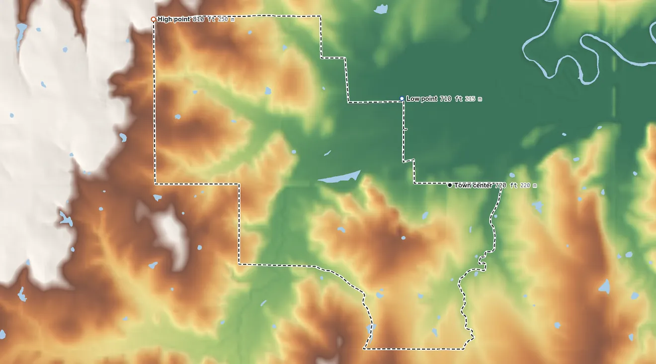Topographic elevation map of Welty, Oklahoma, shaded from 710 ft on the northwest side to 810 ft on the northwest side