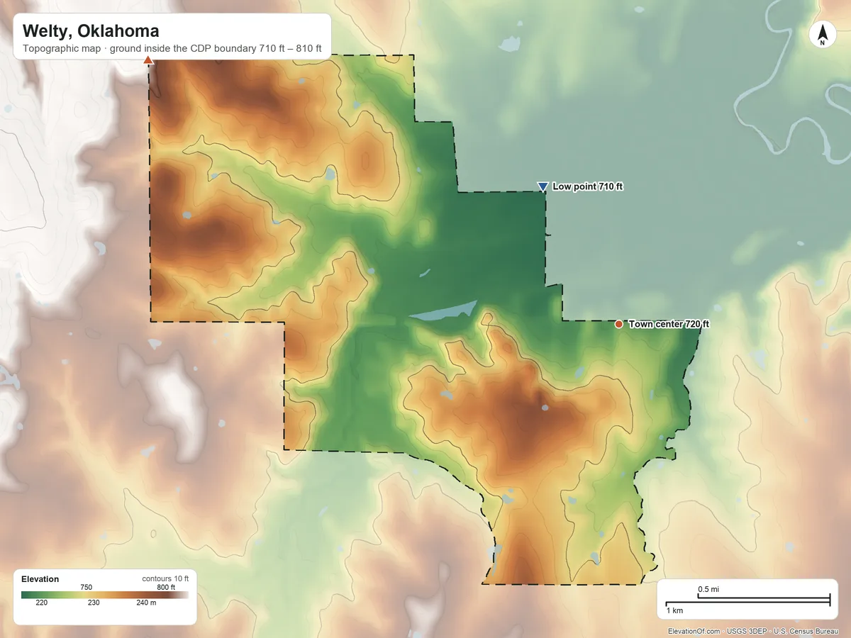 Topographic elevation map of Welty, Oklahoma, shaded from 710 ft on the northwest side to 810 ft on the northwest side