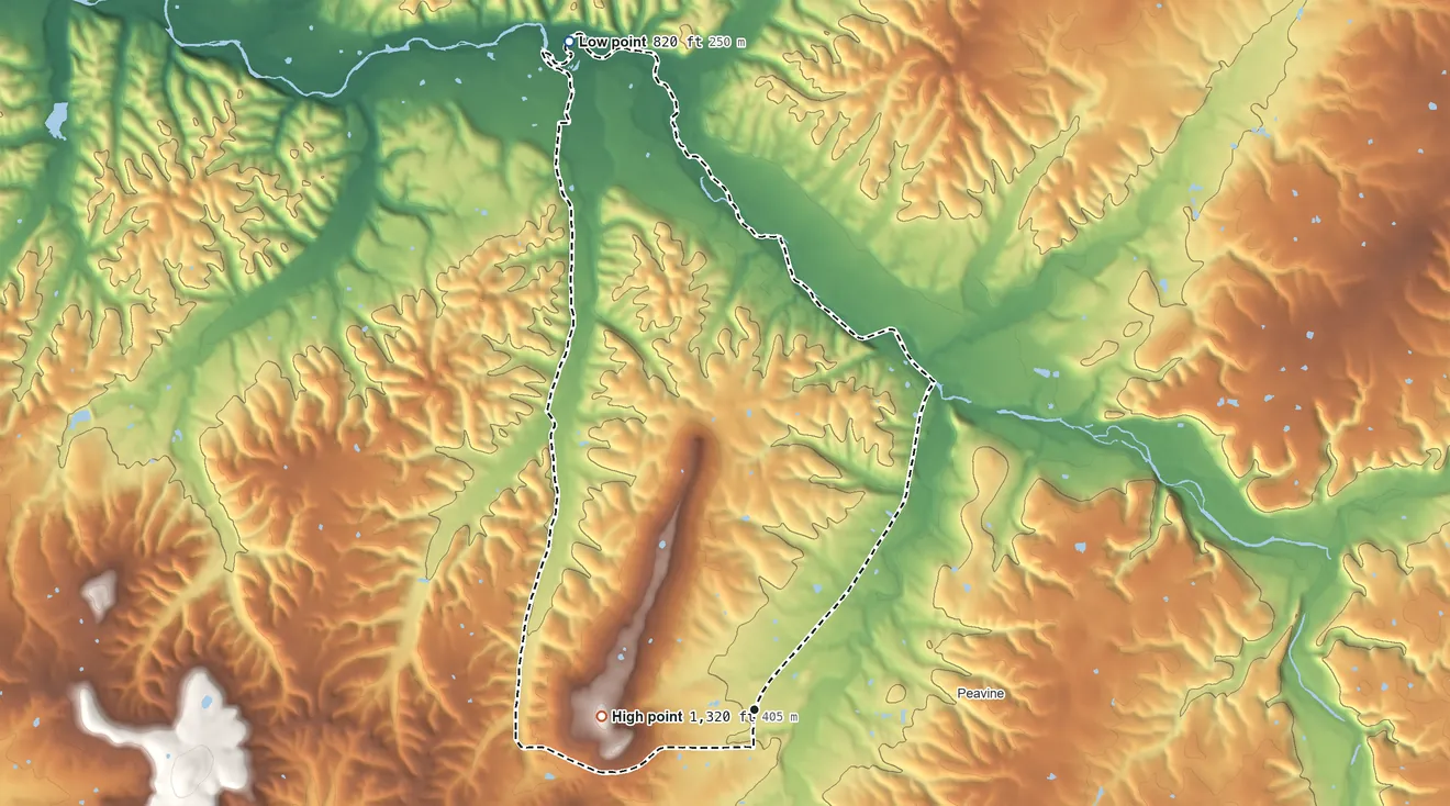 Topographic elevation map of West Peavine, Oklahoma, shaded from 820 ft on the north side to 1,320 ft on Walkingstick Mountain
