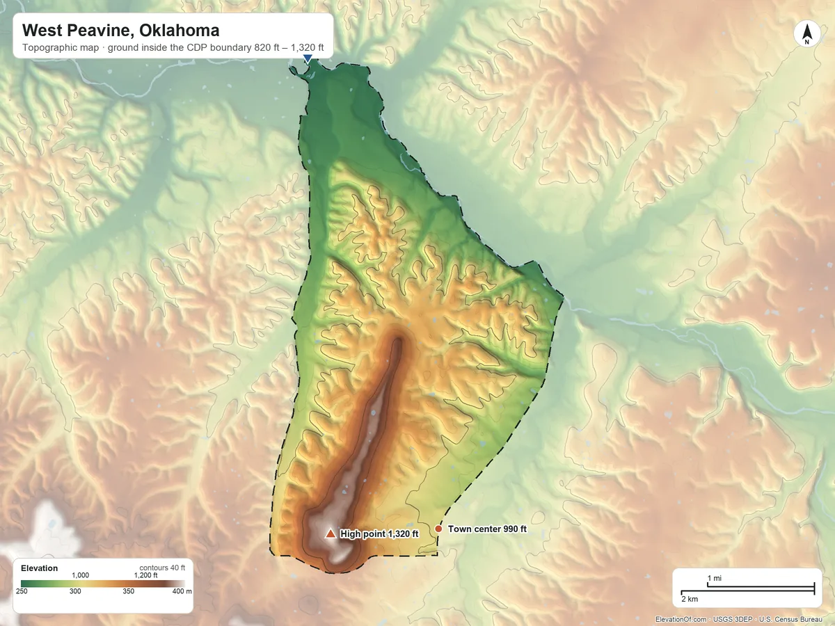 Topographic elevation map of West Peavine, Oklahoma, shaded from 820 ft on the north side to 1,320 ft on Walkingstick Mountain