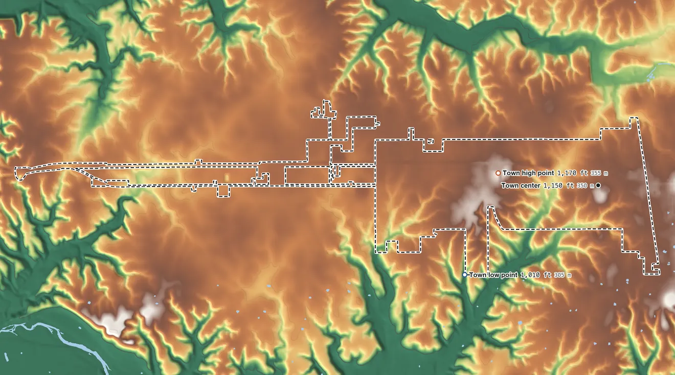 Topographic elevation map of West Siloam Springs, Oklahoma, shaded from 1,010 ft on the southwest side to 1,170 ft on the west side