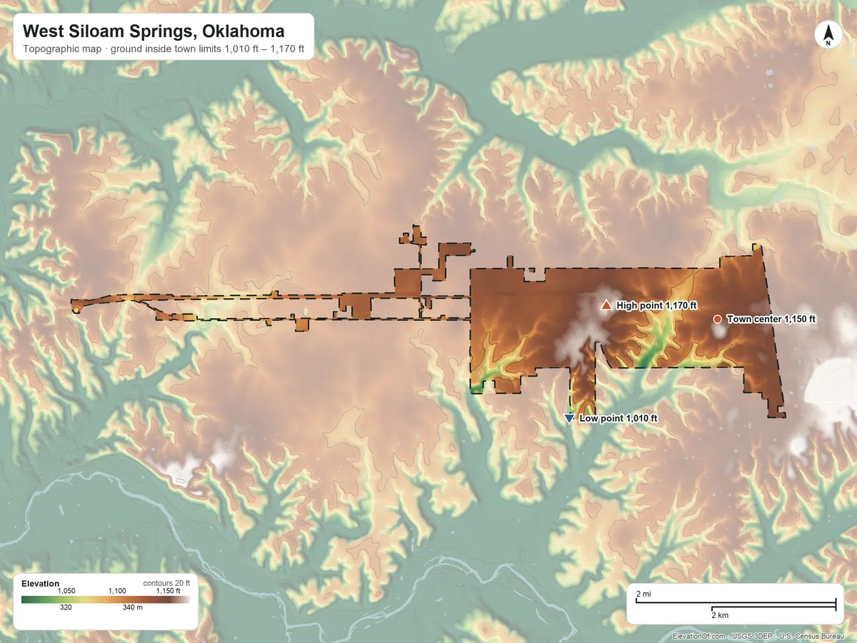 Topographic elevation map of West Siloam Springs, Oklahoma, shaded from 1,010 ft on the southwest side to 1,170 ft on the west side