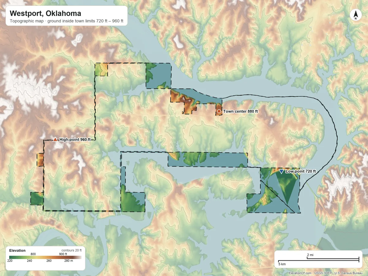Topographic elevation map of Westport, Oklahoma, shaded from 720 ft on the southeast side to 960 ft on the west side