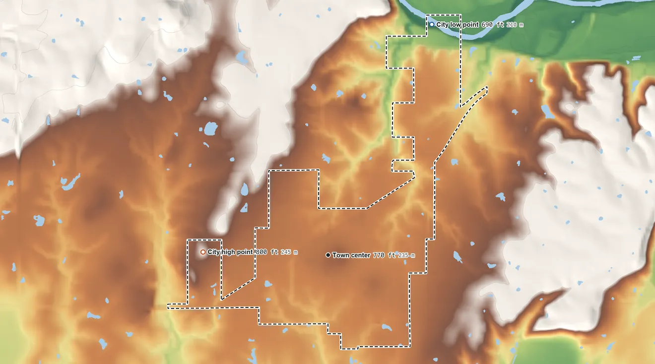Topographic elevation map of Wetumka, Oklahoma, shaded from 690 ft on the northeast side to 800 ft on the west side