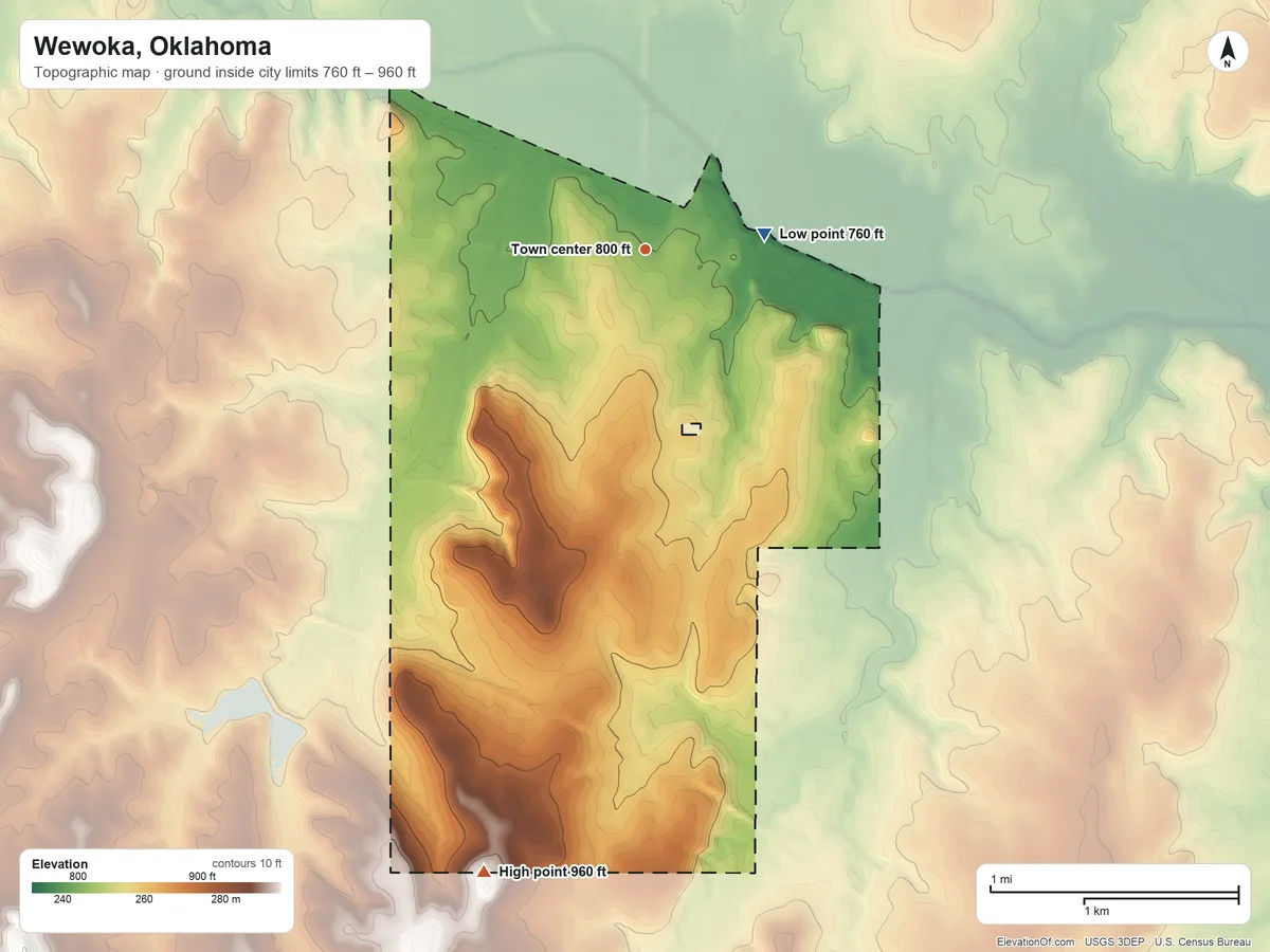 Topographic elevation map of Wewoka, Oklahoma, shaded from 760 ft on the east side to 960 ft on the south side