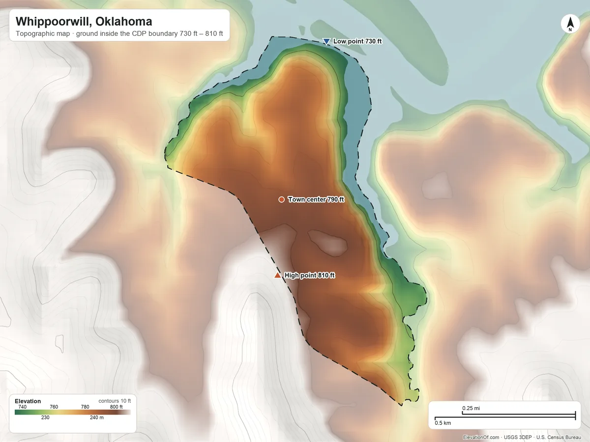 Topographic elevation map of Whippoorwill, Oklahoma, shaded from 730 ft on the north side to 810 ft on the south side