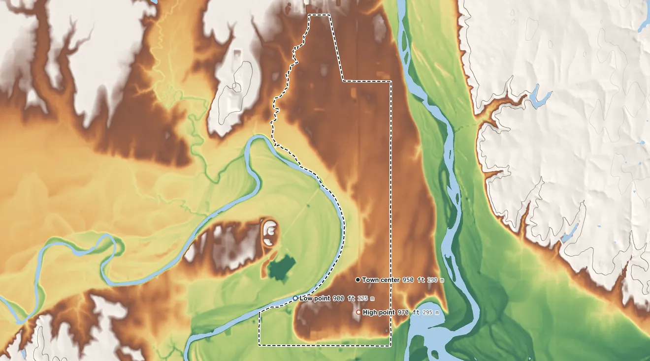 Topographic elevation map of White Eagle, Oklahoma, shaded from 900 ft on the west side to 970 ft near the middle