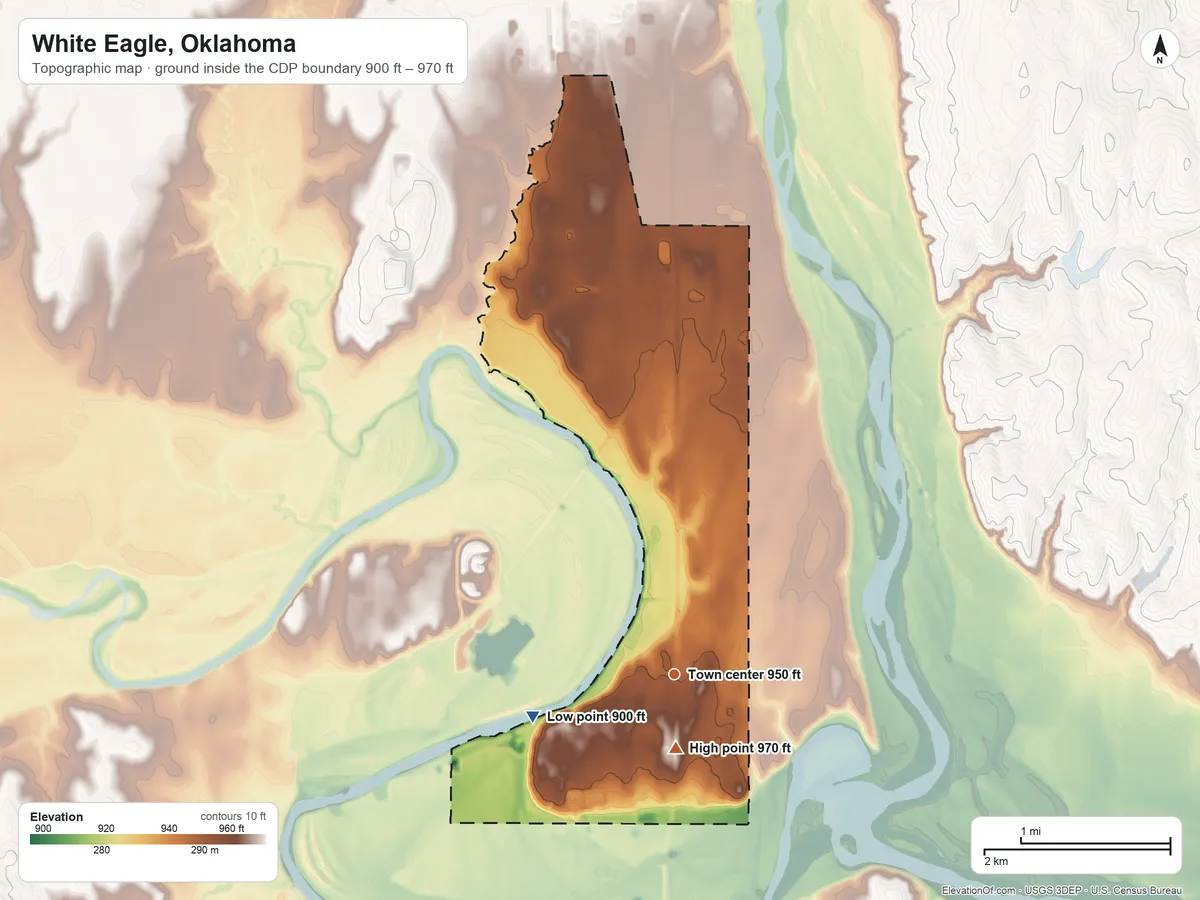 Topographic elevation map of White Eagle, Oklahoma, shaded from 900 ft on the west side to 970 ft near the middle