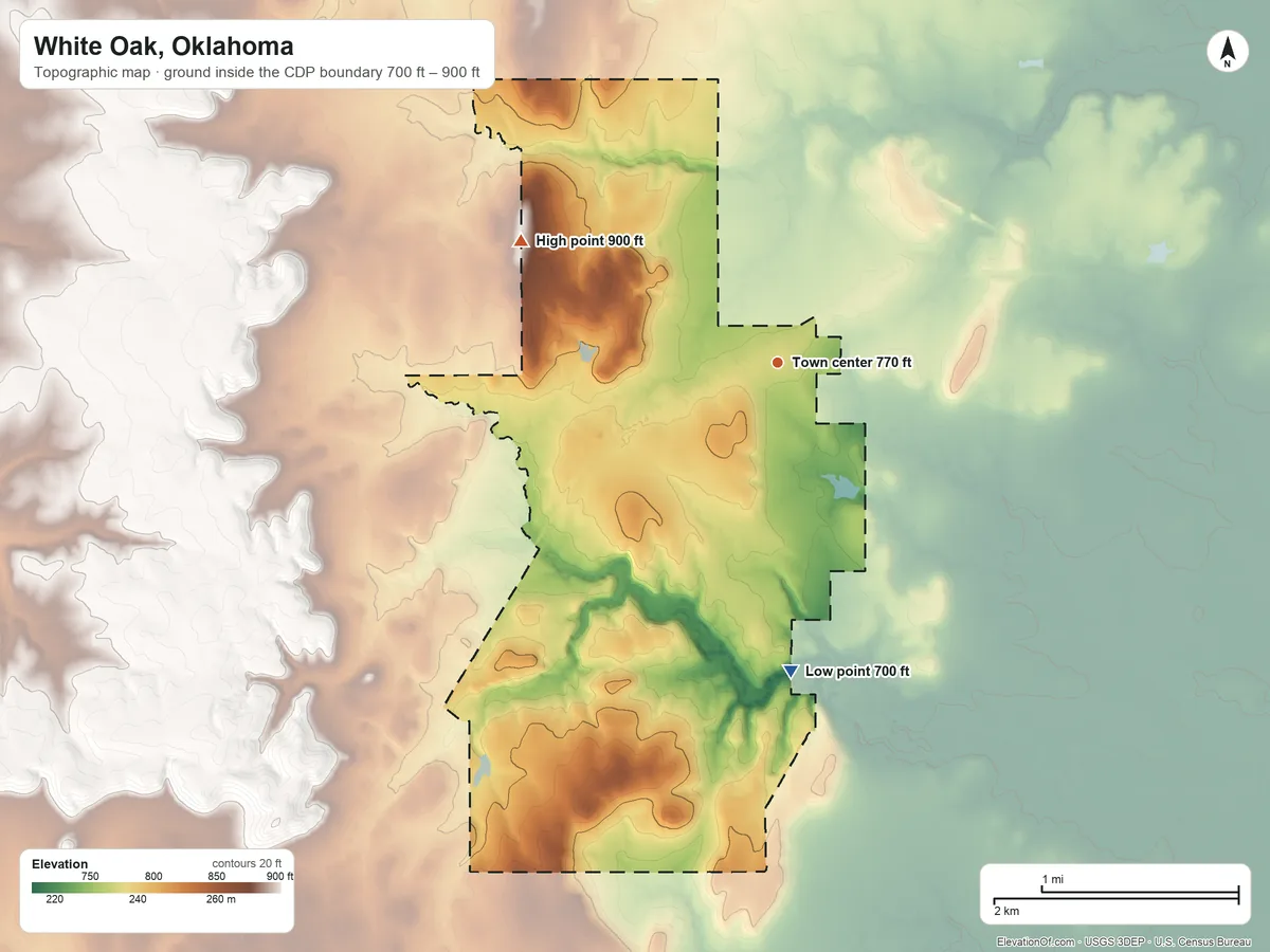 Topographic elevation map of White Oak, Oklahoma, shaded from 700 ft on the south side to 900 ft on the northwest side