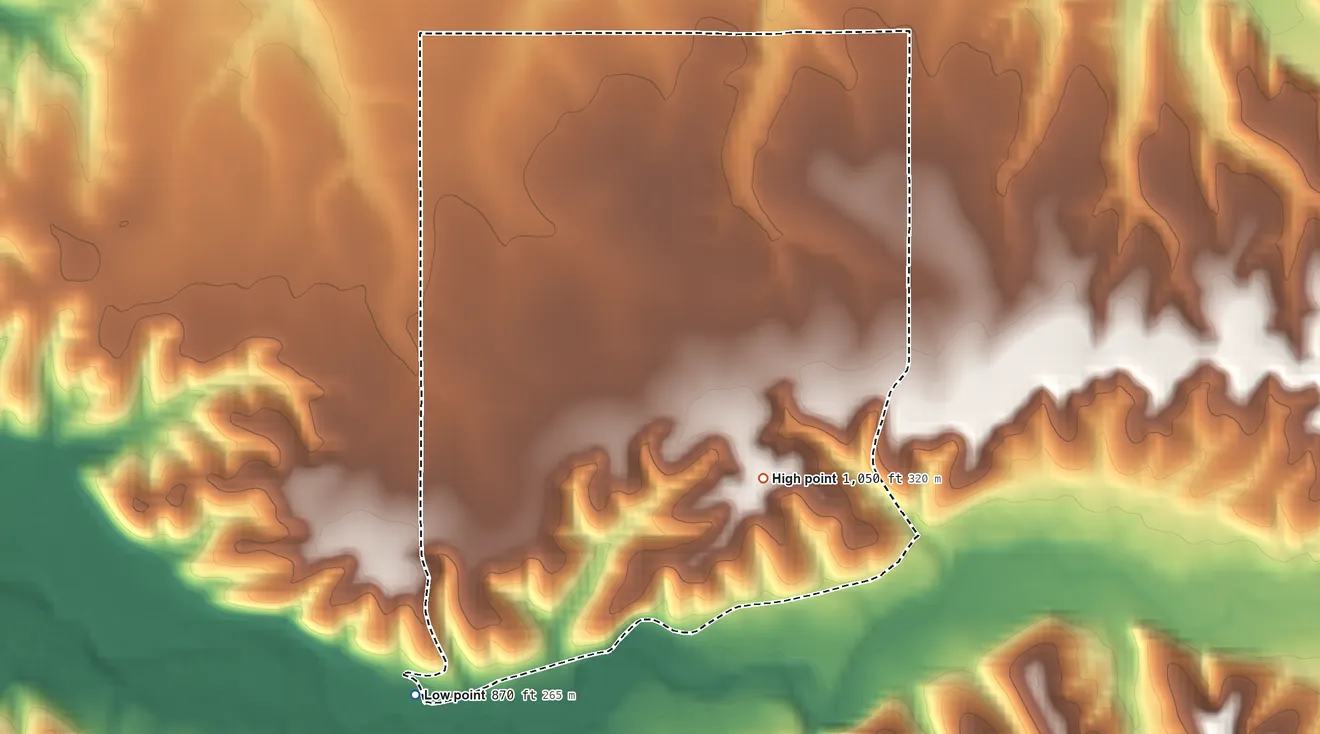 Topographic elevation map of White Water, Oklahoma, shaded from 870 ft on the southwest side to 1,050 ft on the southeast side