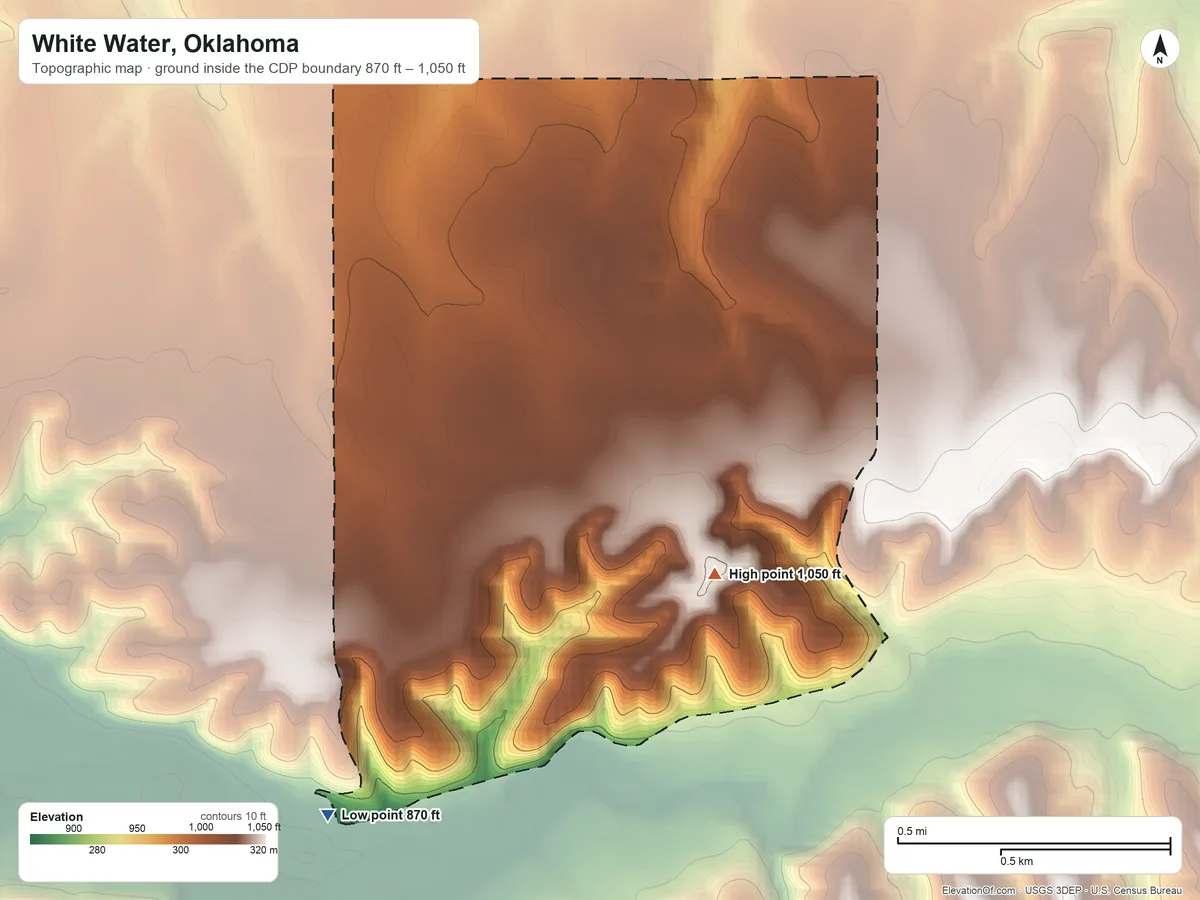 Topographic elevation map of White Water, Oklahoma, shaded from 870 ft on the southwest side to 1,050 ft on the southeast side
