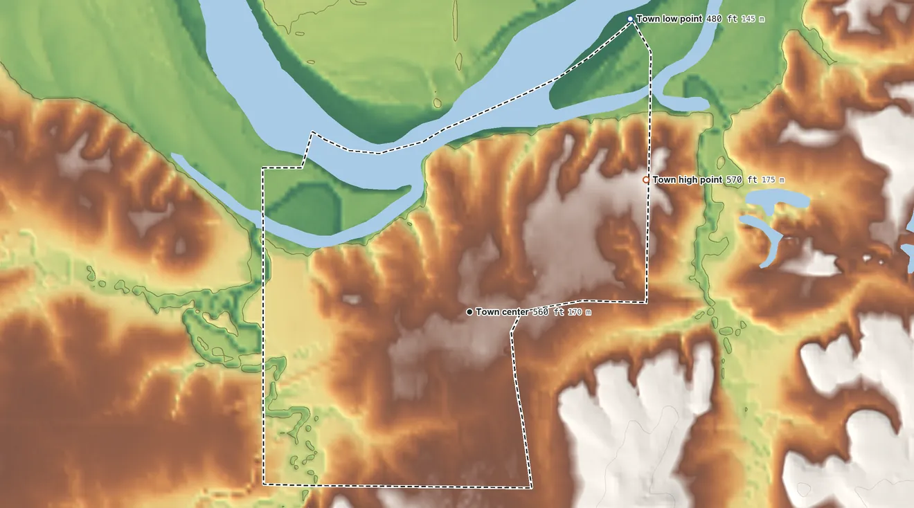 Topographic elevation map of Whitefield, Oklahoma, shaded from 480 ft on the northeast side to 570 ft on the northeast side