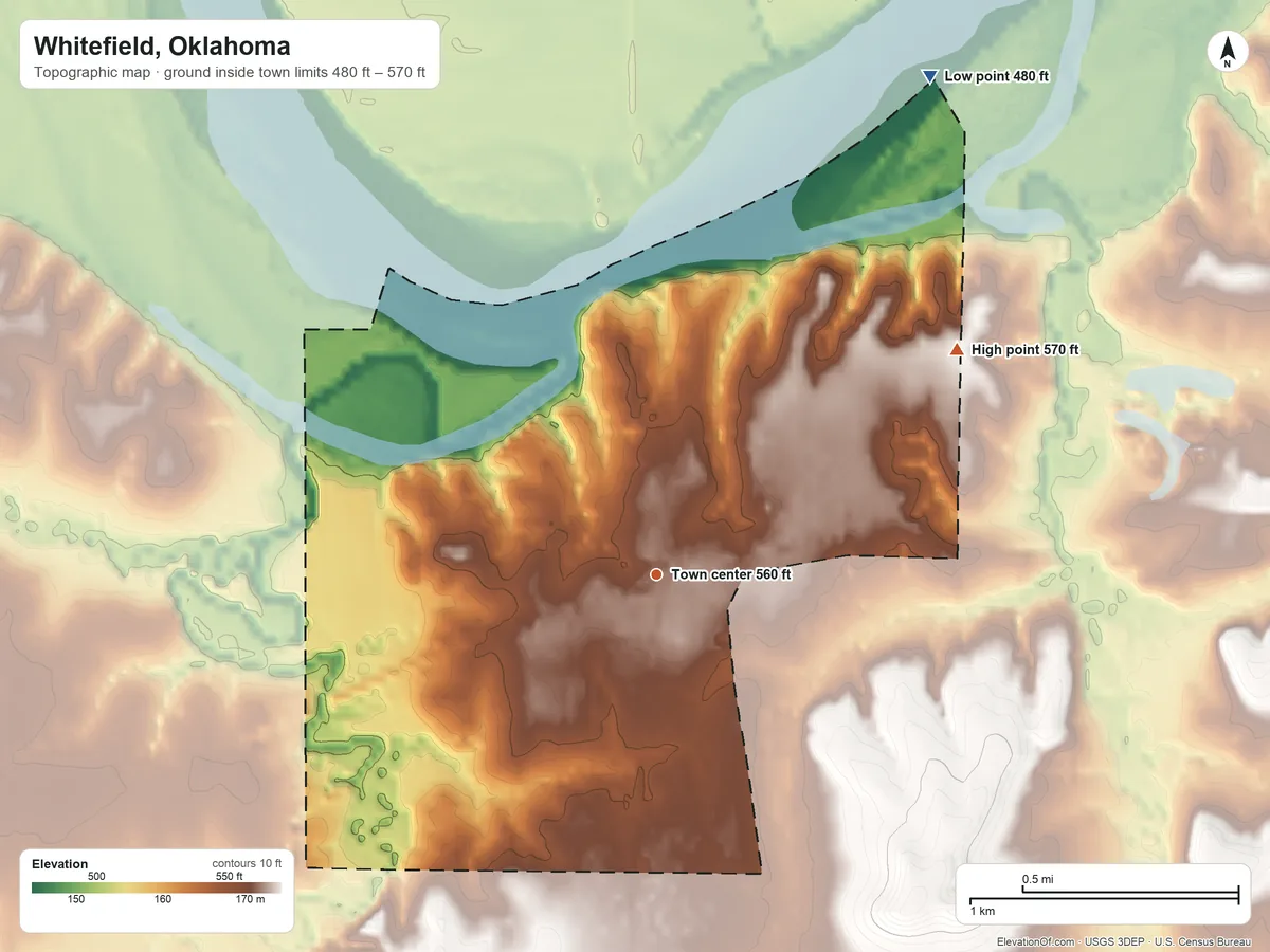 Topographic elevation map of Whitefield, Oklahoma, shaded from 480 ft on the northeast side to 570 ft on the northeast side