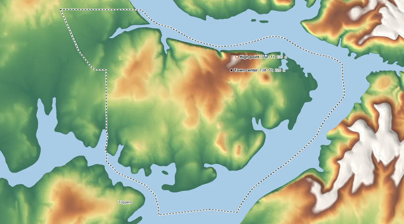Topographic elevation map of Whitehorn Cove, Oklahoma, shaded from 550 ft on the northeast side to 770 ft near the middle