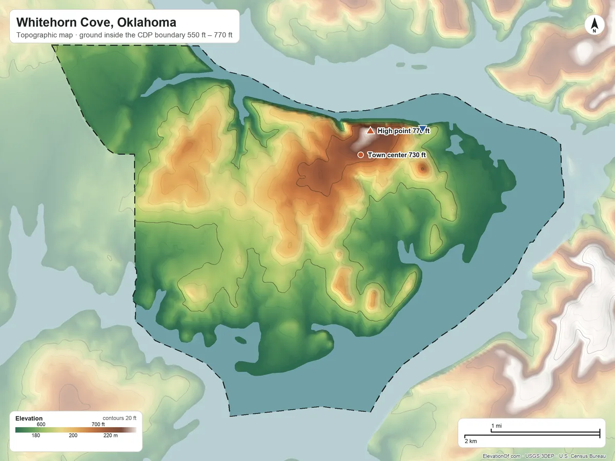 Topographic elevation map of Whitehorn Cove, Oklahoma, shaded from 550 ft on the northeast side to 770 ft near the middle