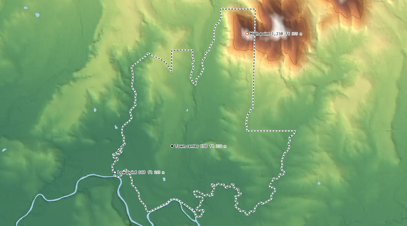 Topographic elevation map of Whitesboro, Oklahoma, shaded from 640 ft on the southwest side to 1,230 ft on the northeast side