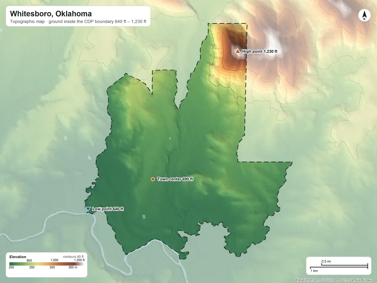Topographic elevation map of Whitesboro, Oklahoma, shaded from 640 ft on the southwest side to 1,230 ft on the northeast side