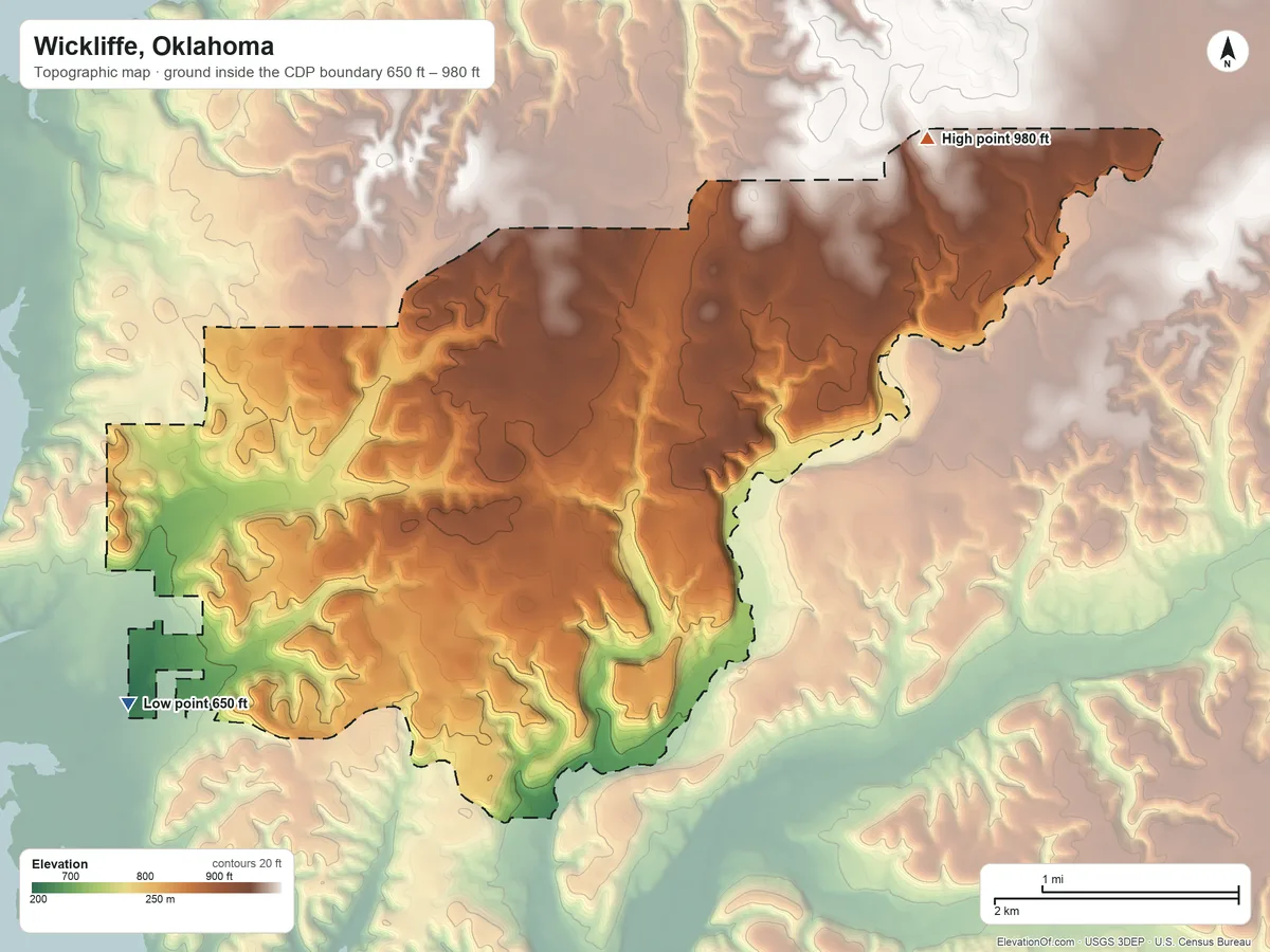 Topographic elevation map of Wickliffe, Oklahoma, shaded from 650 ft on the southwest side to 980 ft on the northeast side