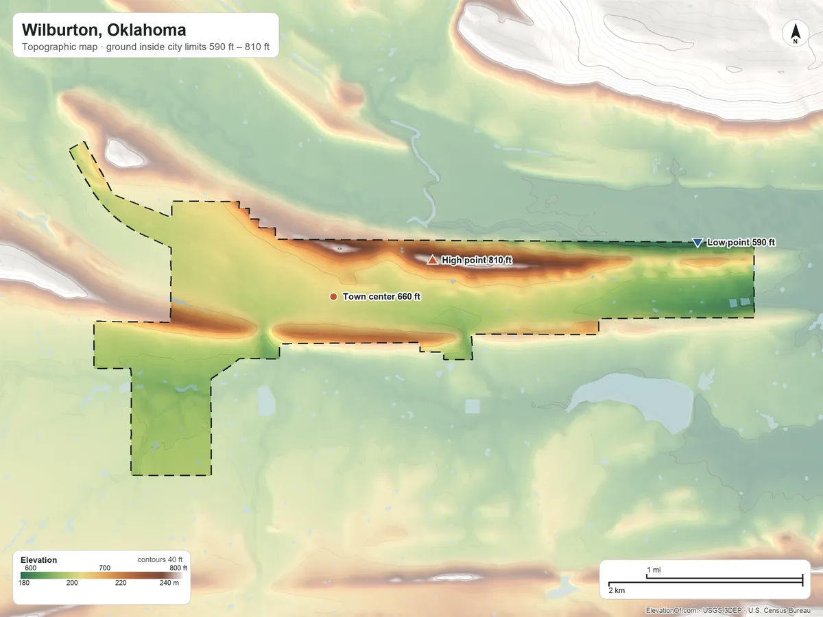 Topographic elevation map of Wilburton, Oklahoma, shaded from 590 ft on the east side to 810 ft at the foot of the Sans Bois Mountains