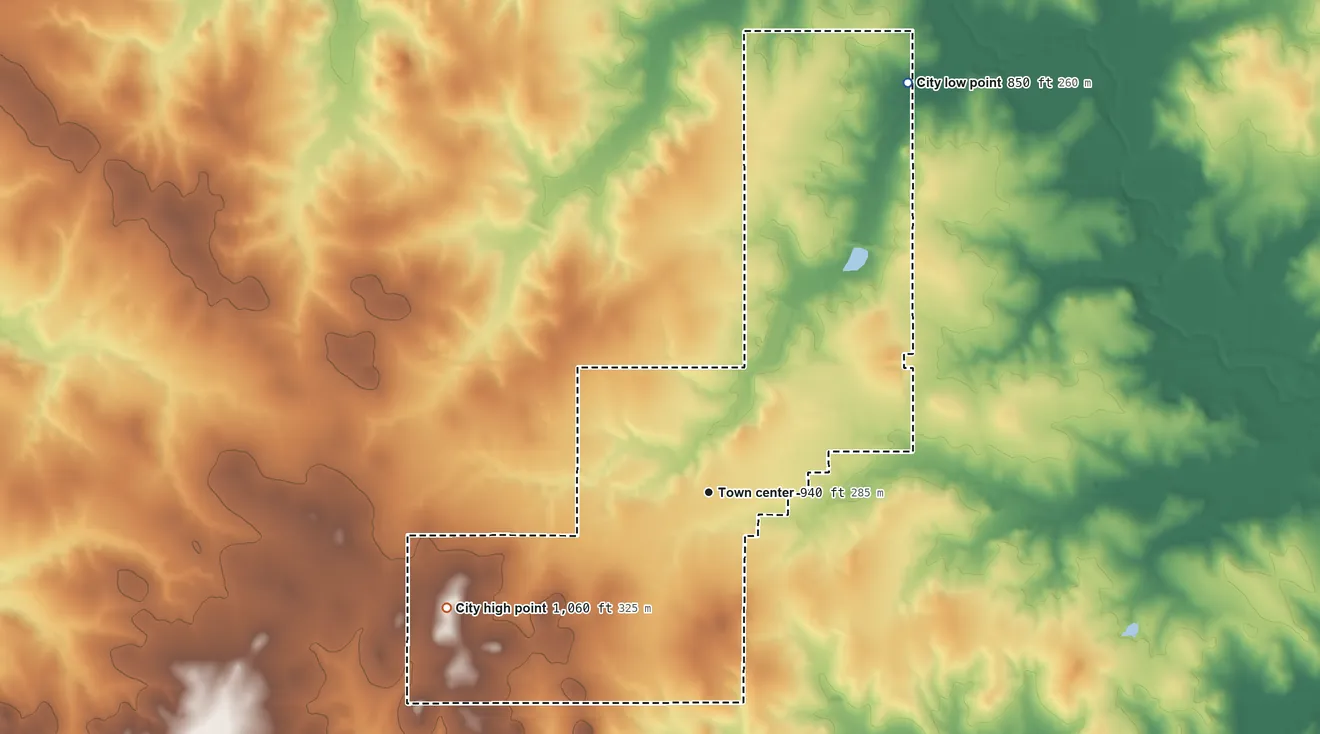 Topographic elevation map of Wilson, Oklahoma, shaded from 850 ft on the northeast side to 1,060 ft on the southwest side