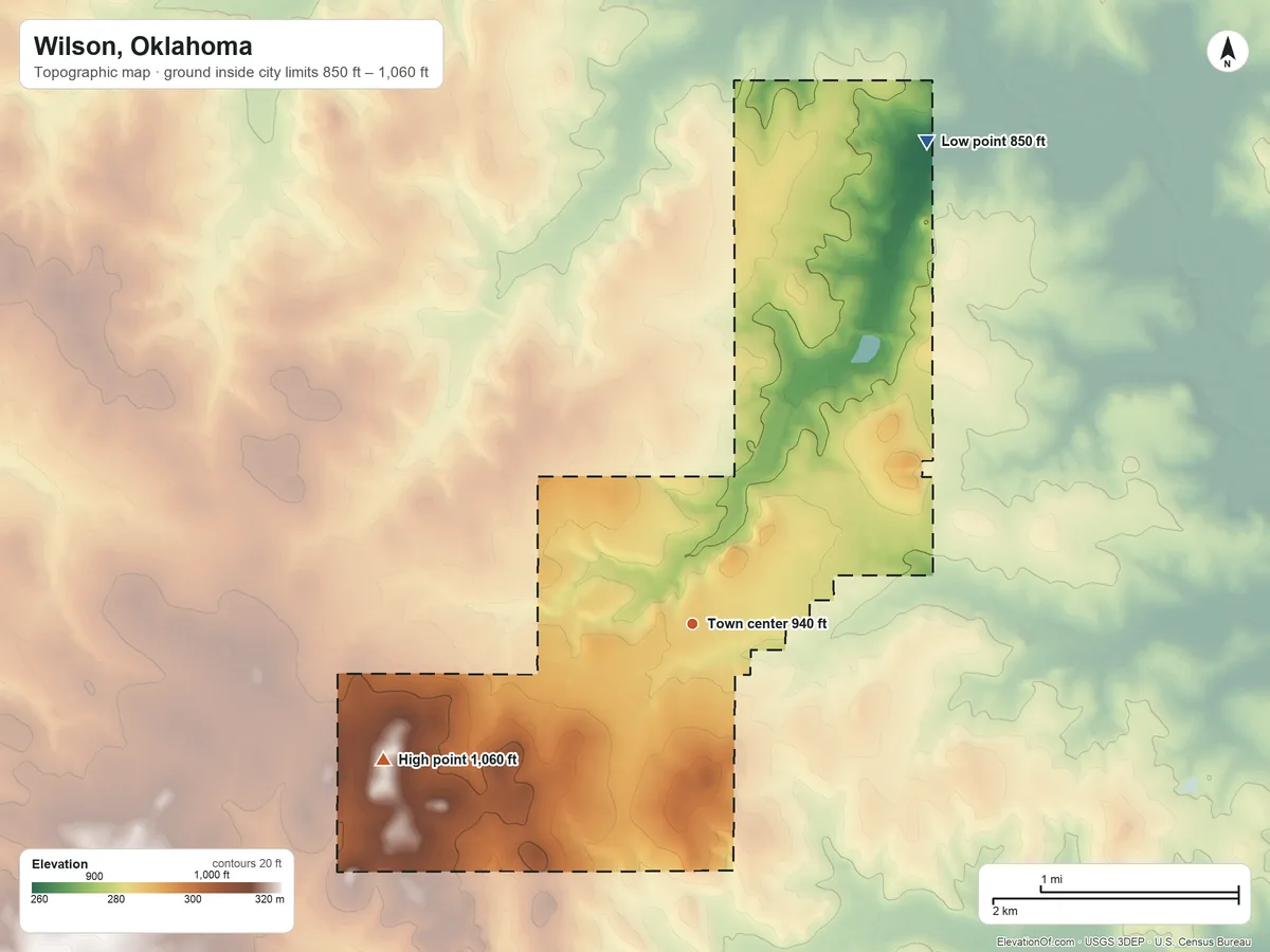 Topographic elevation map of Wilson, Oklahoma, shaded from 850 ft on the northeast side to 1,060 ft on the southwest side