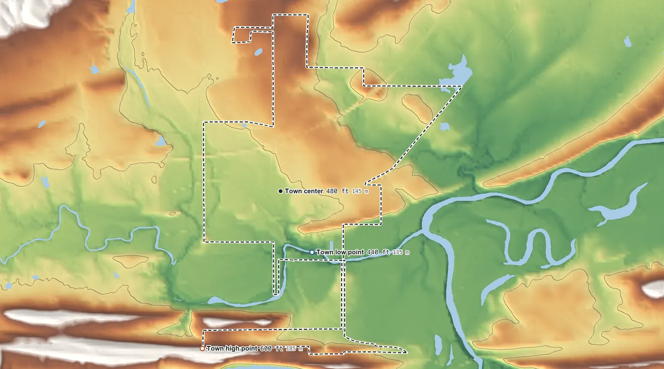 Topographic elevation map of Wister, Oklahoma, shaded from 440 ft on the southeast side to 600 ft on the southwest side