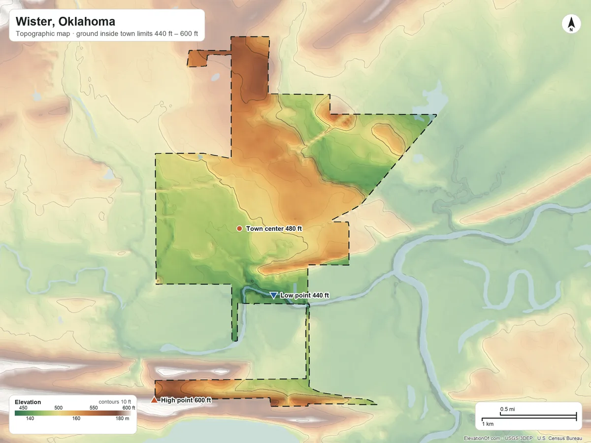 Topographic elevation map of Wister, Oklahoma, shaded from 440 ft on the southeast side to 600 ft on the southwest side
