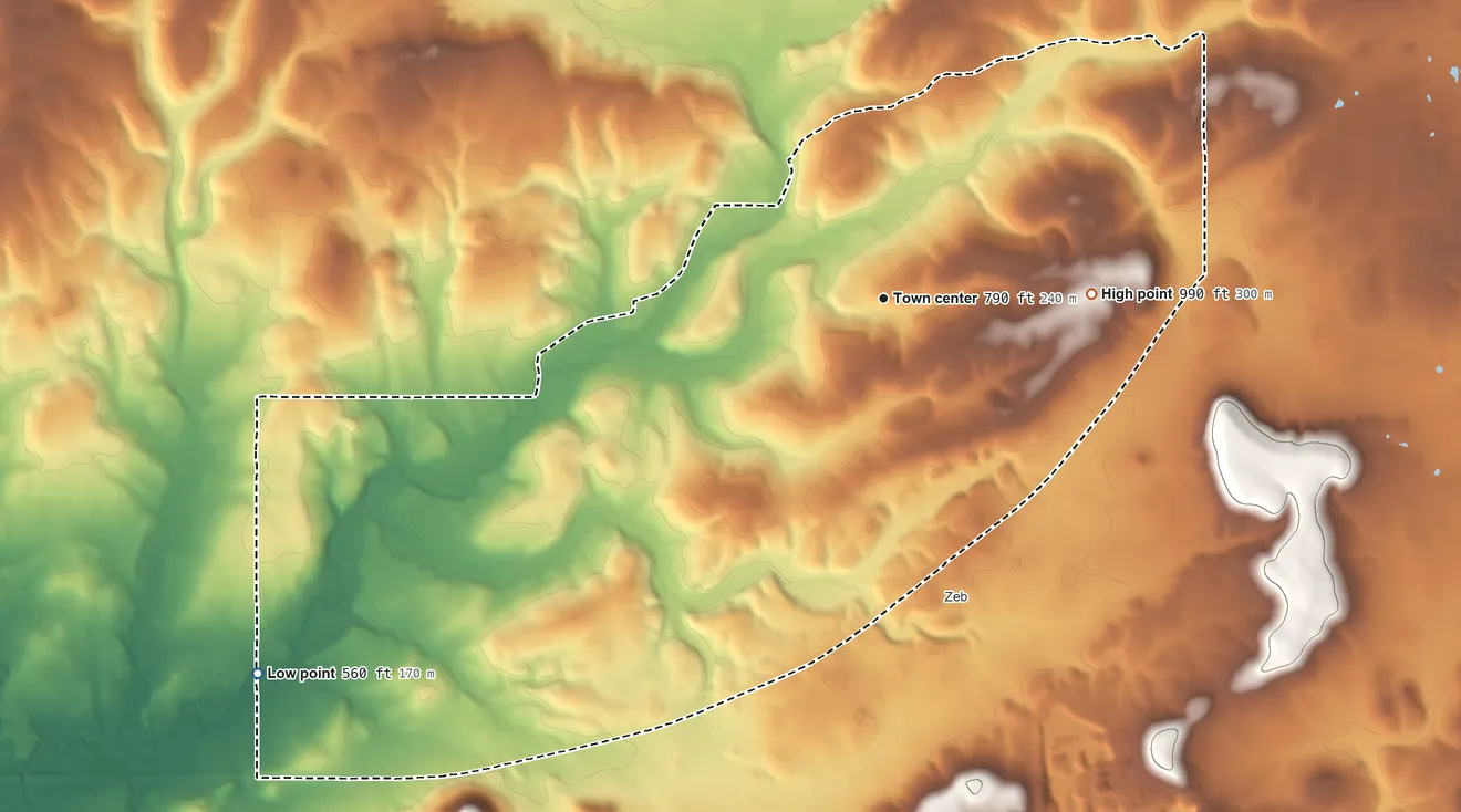 Topographic elevation map of Woodall, Oklahoma, shaded from 560 ft on the southwest side to 990 ft on the east side