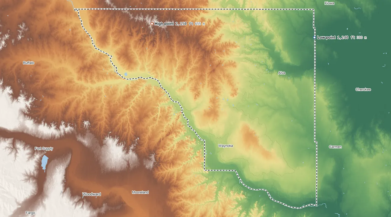 Topographic elevation map of Woods County, Oklahoma, shaded from 1,240 ft on the northeast side to 2,150 ft on the northwest side