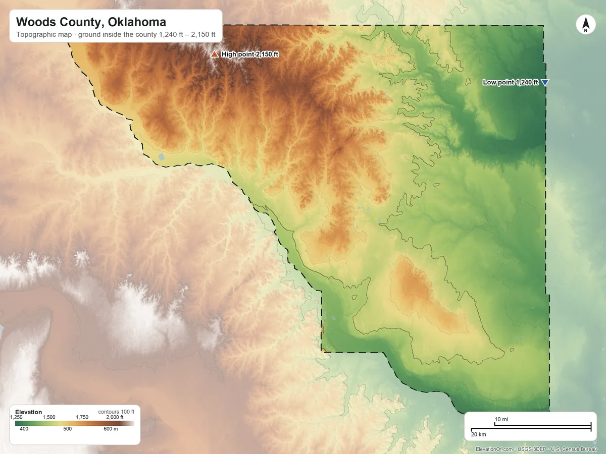 Topographic elevation map of Woods County, Oklahoma, shaded from 1,240 ft on the northeast side to 2,150 ft on the northwest side