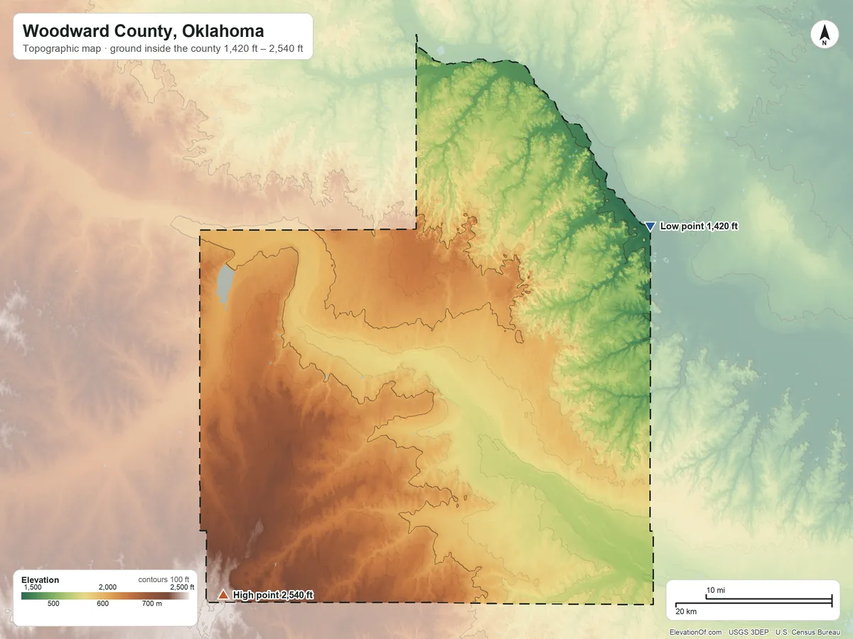 Topographic elevation map of Woodward County, Oklahoma, shaded from 1,420 ft on the northeast side to 2,540 ft on the southwest side