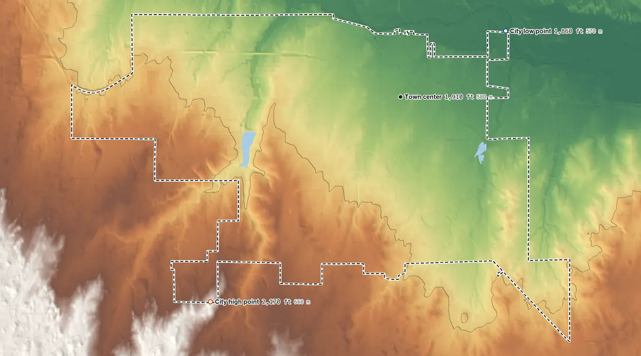 Topographic elevation map of Woodward, Oklahoma, shaded from 1,860 ft on the northeast side to 2,170 ft on the southwest side