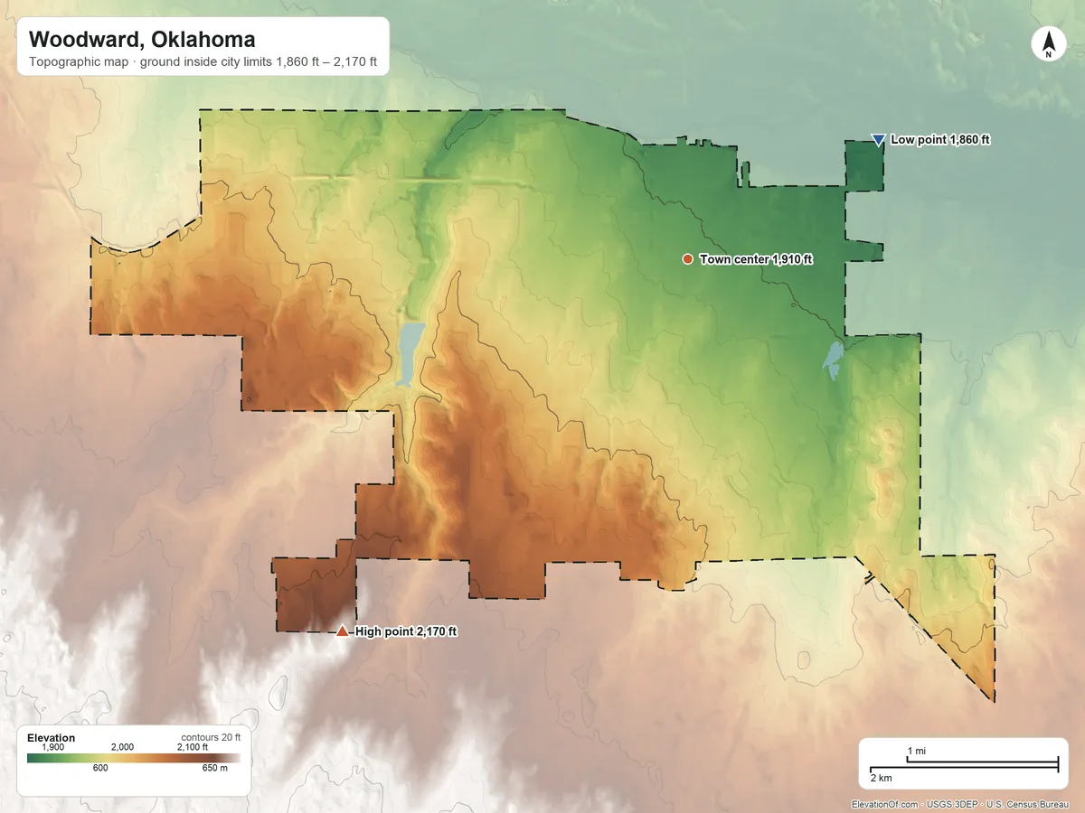 Topographic elevation map of Woodward, Oklahoma, shaded from 1,860 ft on the northeast side to 2,170 ft on the southwest side