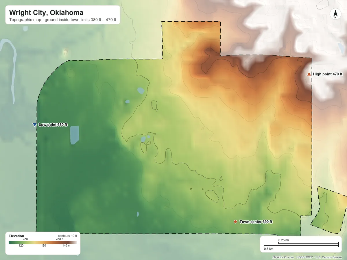 Topographic elevation map of Wright City, Oklahoma, shaded from 380 ft on the northwest side to 470 ft on the northeast side