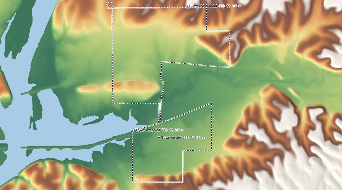 Topographic elevation map of Wyandotte, Oklahoma, shaded from 740 ft on the west side to 880 ft on the north side