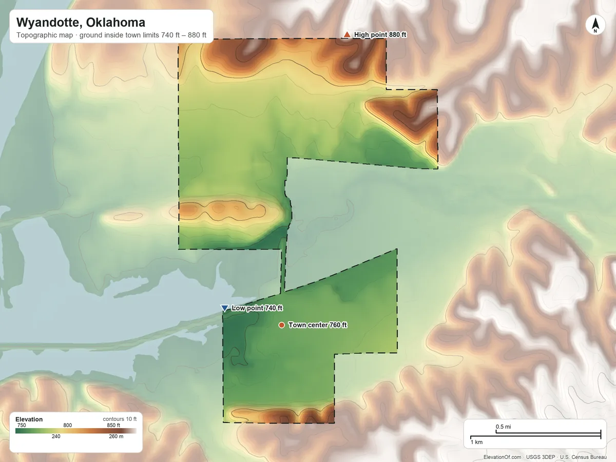 Topographic elevation map of Wyandotte, Oklahoma, shaded from 740 ft on the west side to 880 ft on the north side
