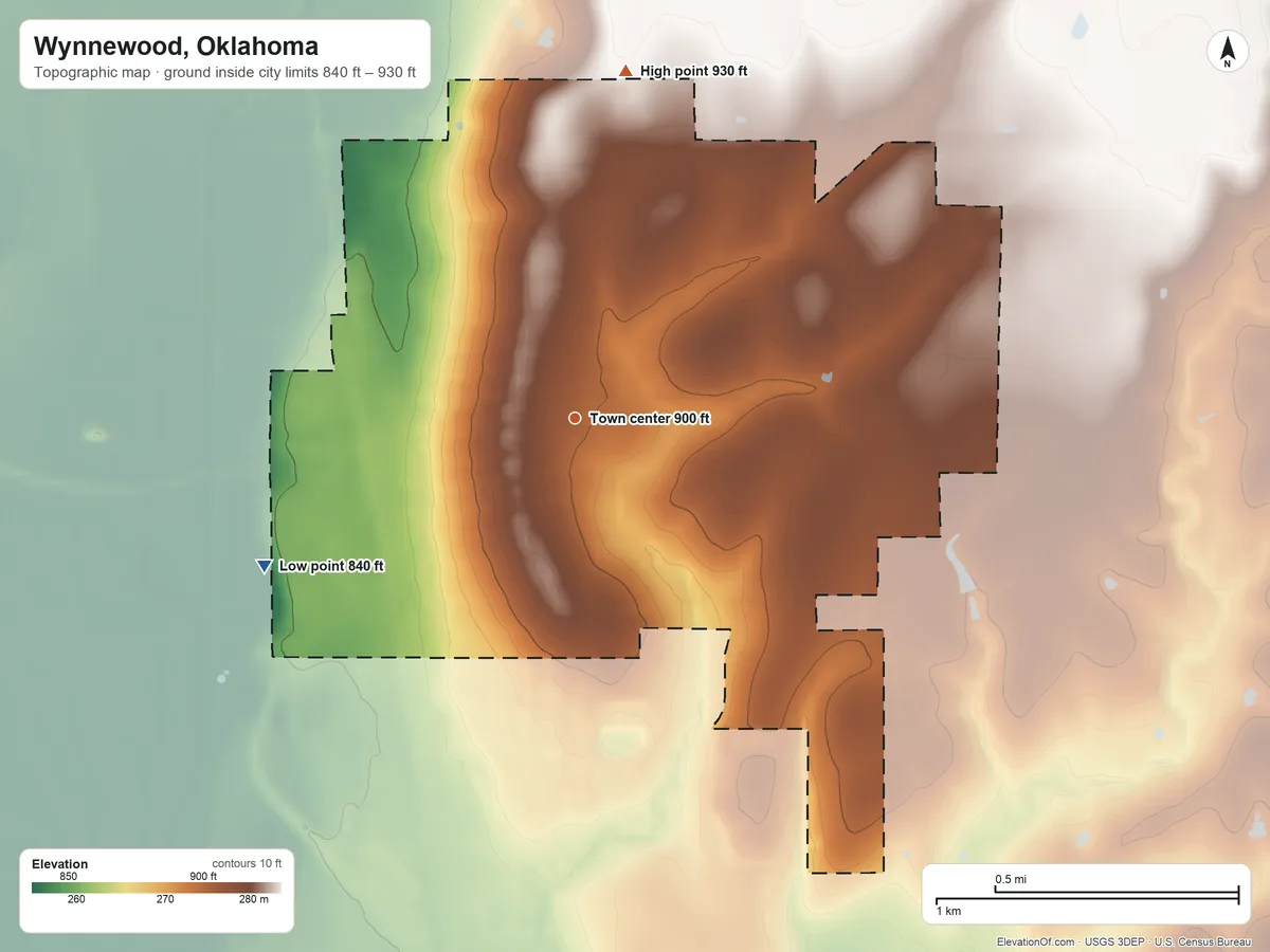 Topographic elevation map of Wynnewood, Oklahoma, shaded from 840 ft on the southwest side to 930 ft on the north side