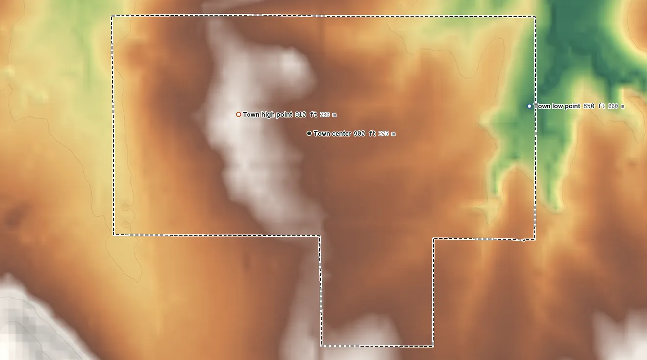 Topographic elevation map of Wynona, Oklahoma, shaded from 850 ft on the east side to 910 ft on the west side