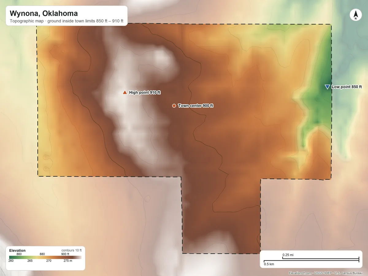 Topographic elevation map of Wynona, Oklahoma, shaded from 850 ft on the east side to 910 ft on the west side