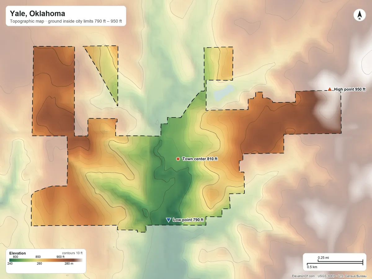 Topographic elevation map of Yale, Oklahoma, shaded from 790 ft on the south side to 950 ft on the northeast side
