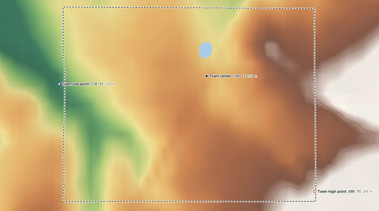 Topographic elevation map of Yeager, Oklahoma, shaded from 770 ft on the west side to 800 ft on the southeast side