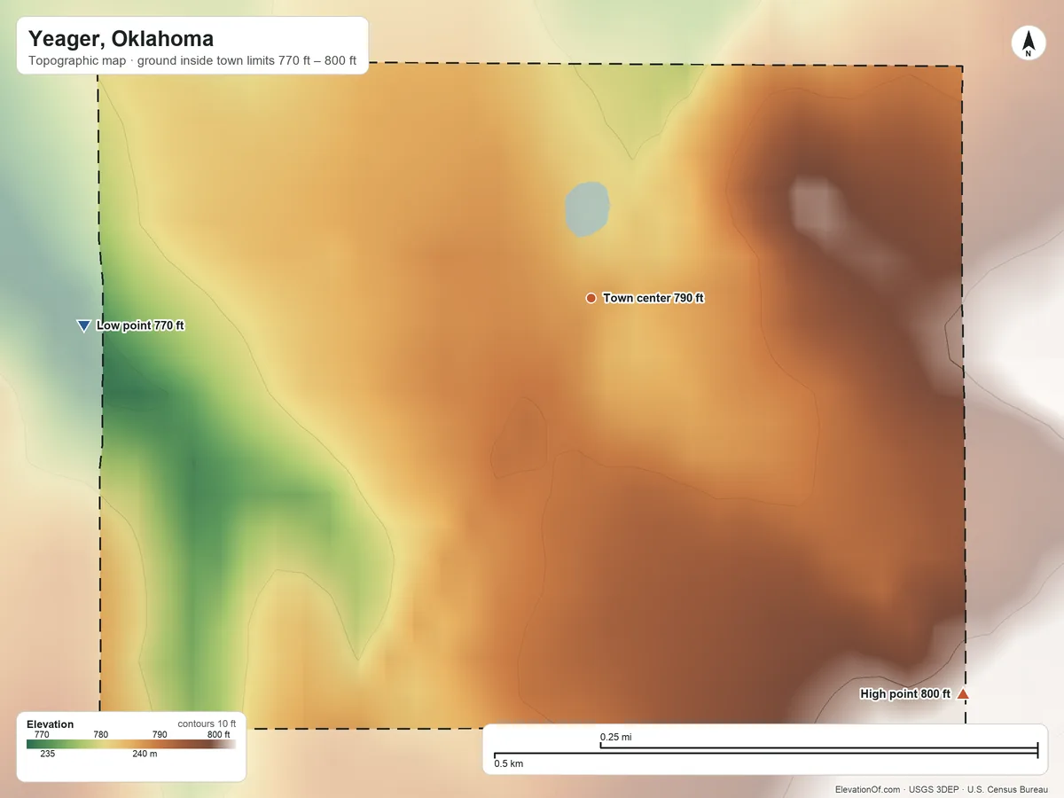 Topographic elevation map of Yeager, Oklahoma, shaded from 770 ft on the west side to 800 ft on the southeast side