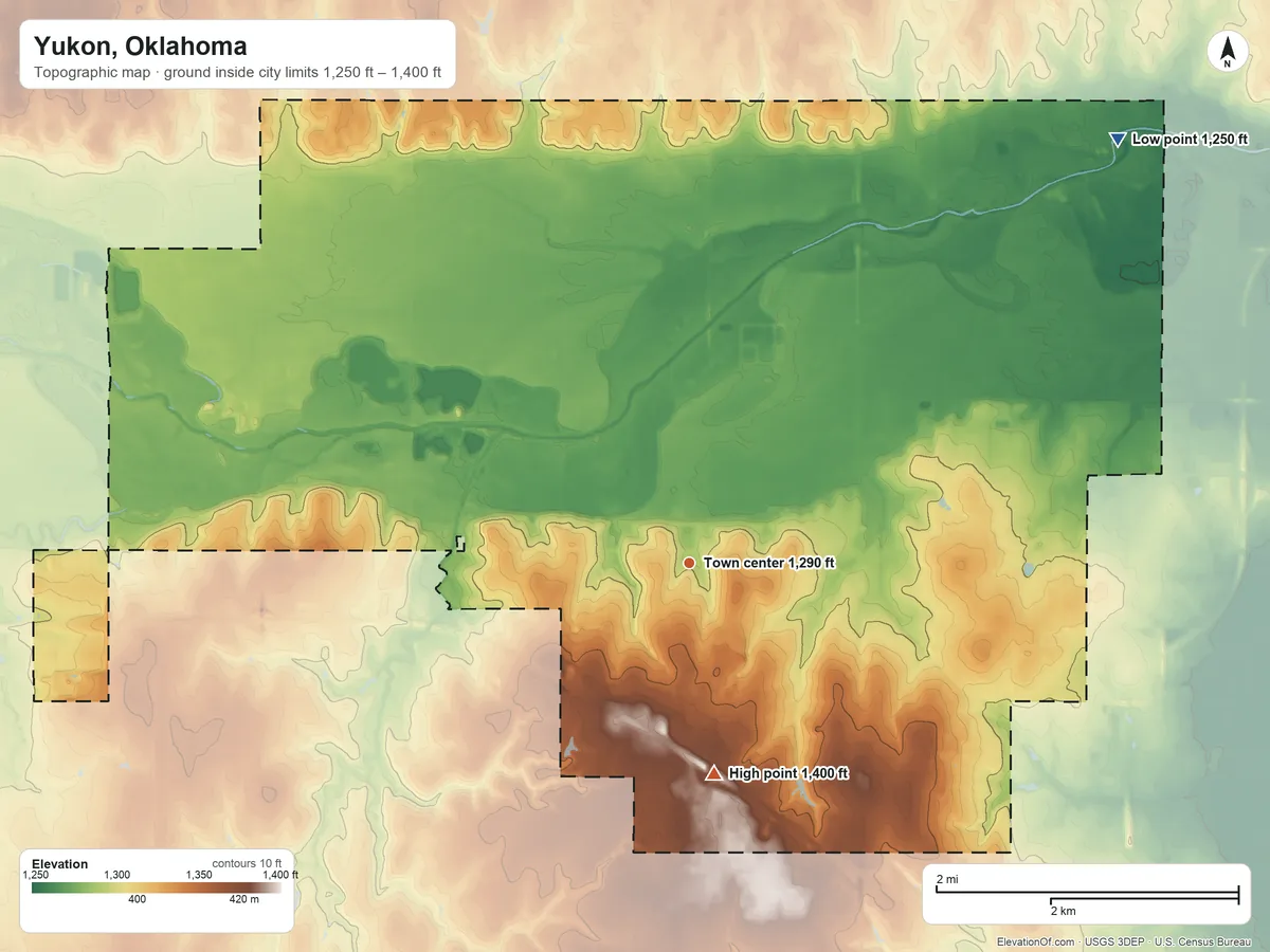 Topographic elevation map of Yukon, Oklahoma, shaded from 1,250 ft on the northeast side to 1,400 ft on the south side
