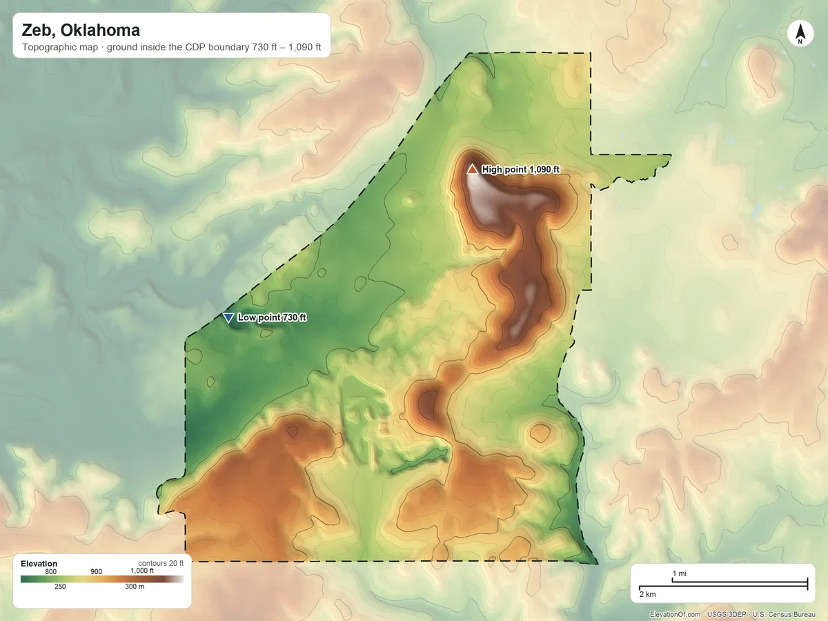 Topographic elevation map of Zeb, Oklahoma, shaded from 730 ft near the middle to 1,090 ft on Bob Warren Mountain