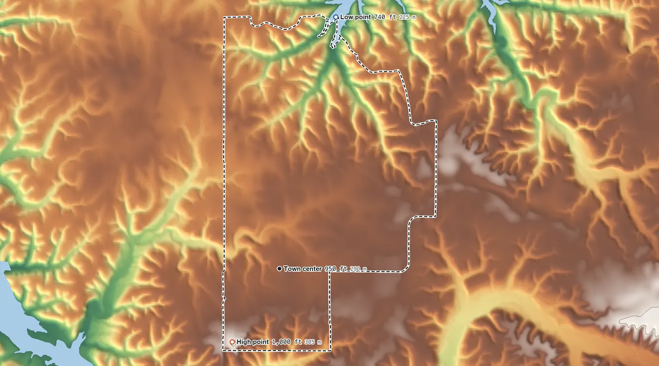 Topographic elevation map of Zena, Oklahoma, shaded from 740 ft on the north side to 1,000 ft on the southwest side