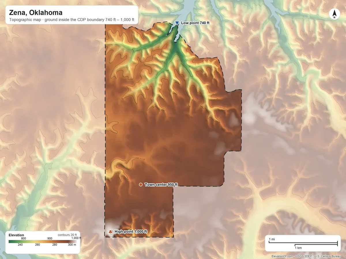 Topographic elevation map of Zena, Oklahoma, shaded from 740 ft on the north side to 1,000 ft on the southwest side