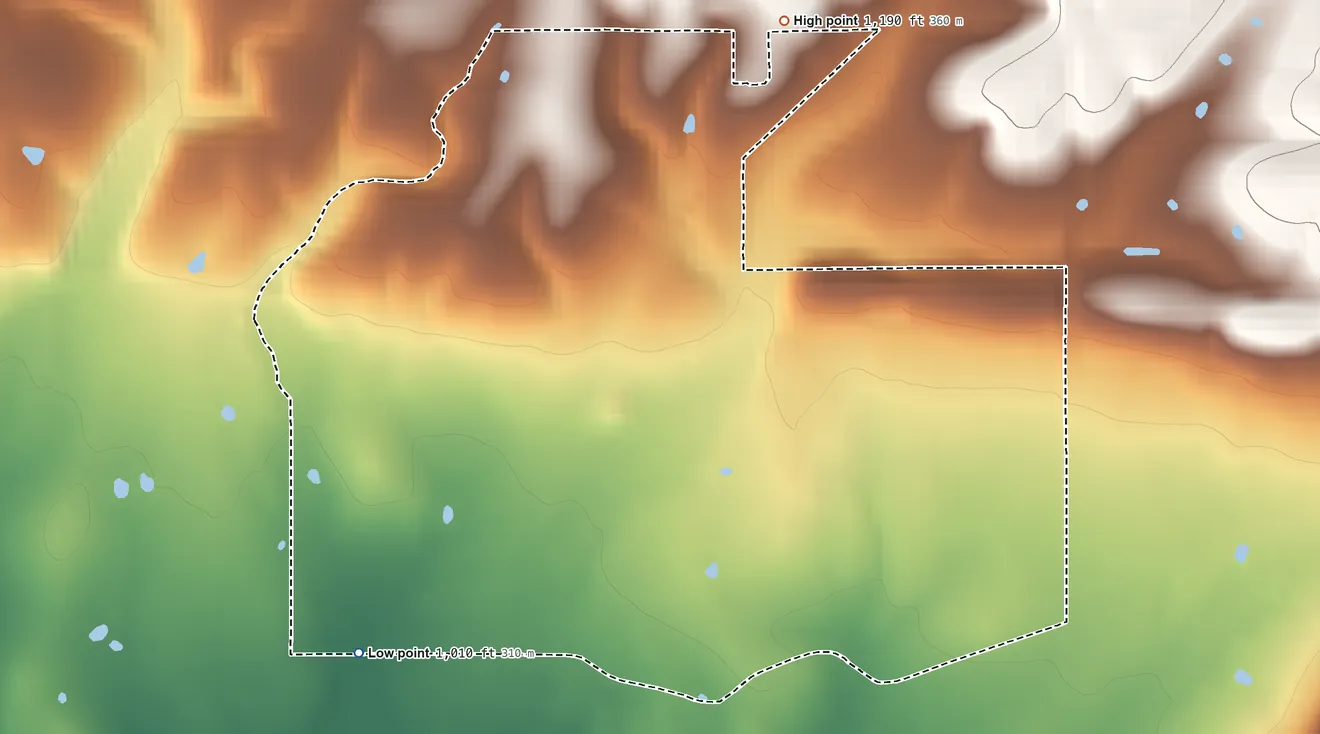 Topographic elevation map of Zion, Oklahoma, shaded from 1,010 ft on the west side to 1,190 ft at the foot of the Brushy Mountains